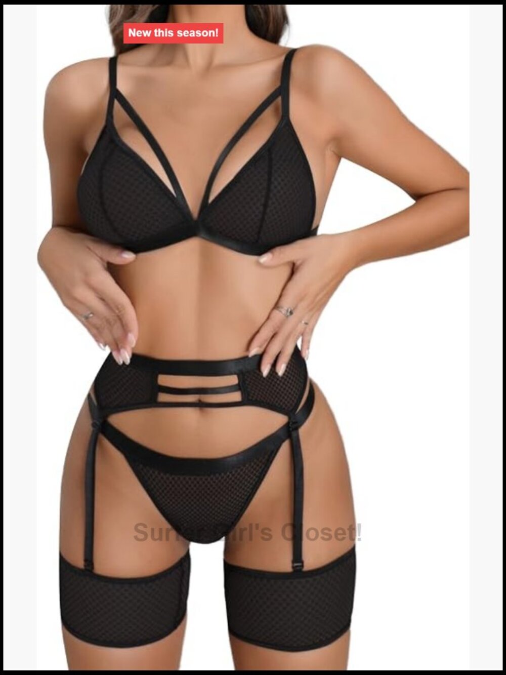 Sexy 4pc Lace Mesh Lingerie Set Garter Belt Bra Panty Thigh Cuffs